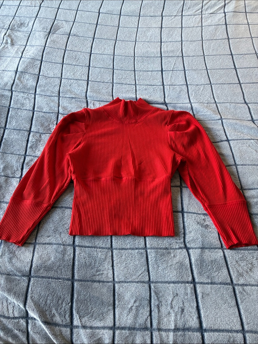 Red Ribbed Mock-Neck Puff-Sleeve Women's Top Free People Large